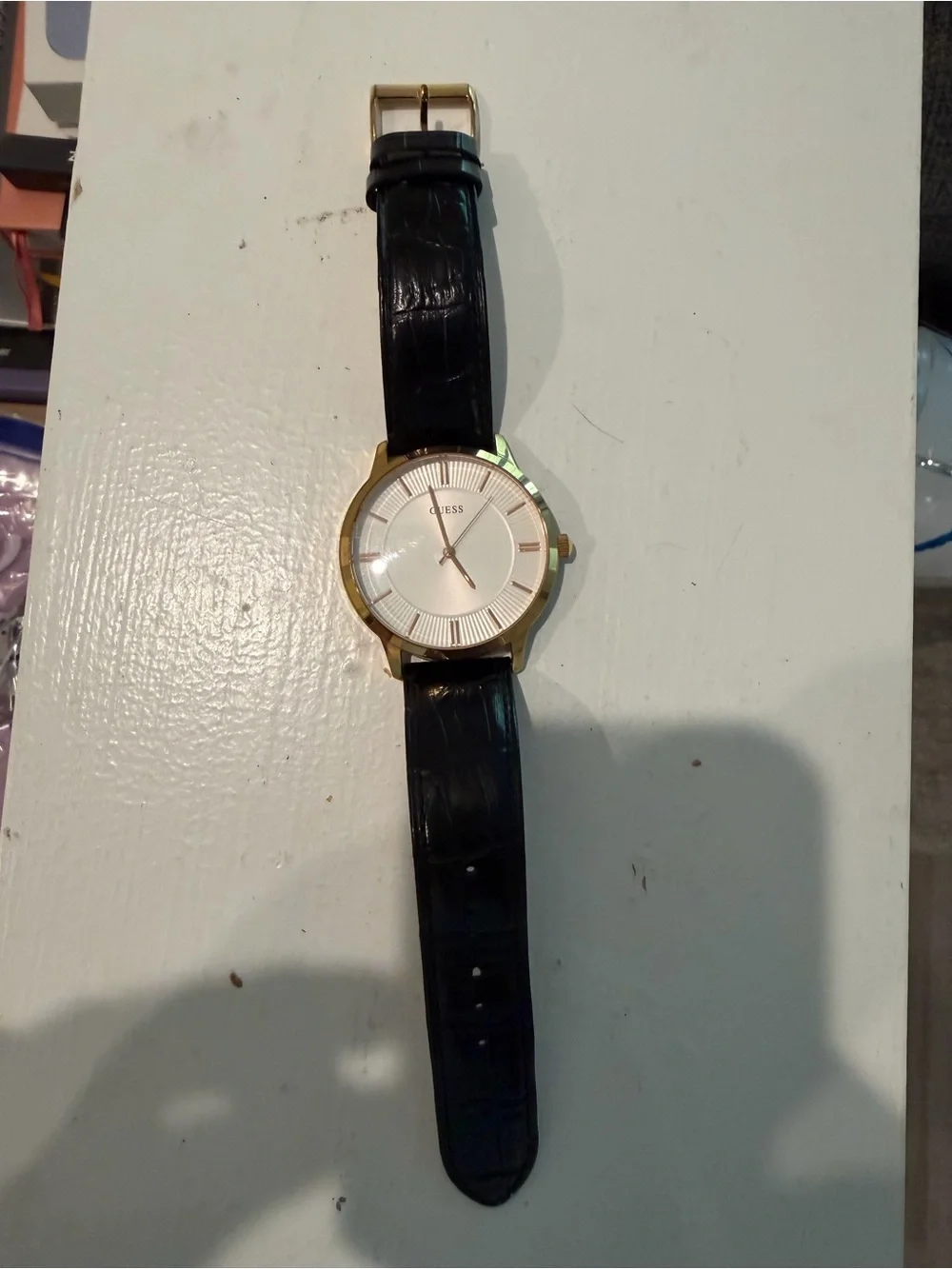 Guess Gold-Tone Case Watch with Black Leather Strap